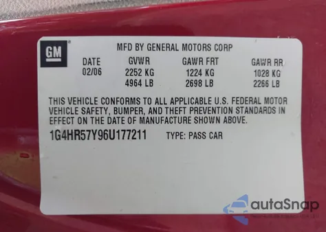 2006 Buick Lucerne Cxl z USA, uszkodzony, nr VIN 1G4HR57Y96U177211